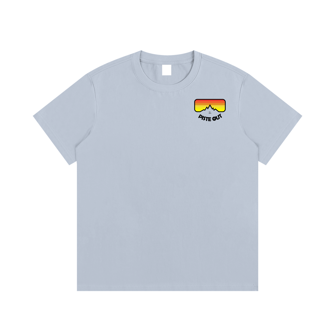 Front view of blue Piste Out logo tee with small left-chest retro goggle logo in red, orange and yellow gradient.