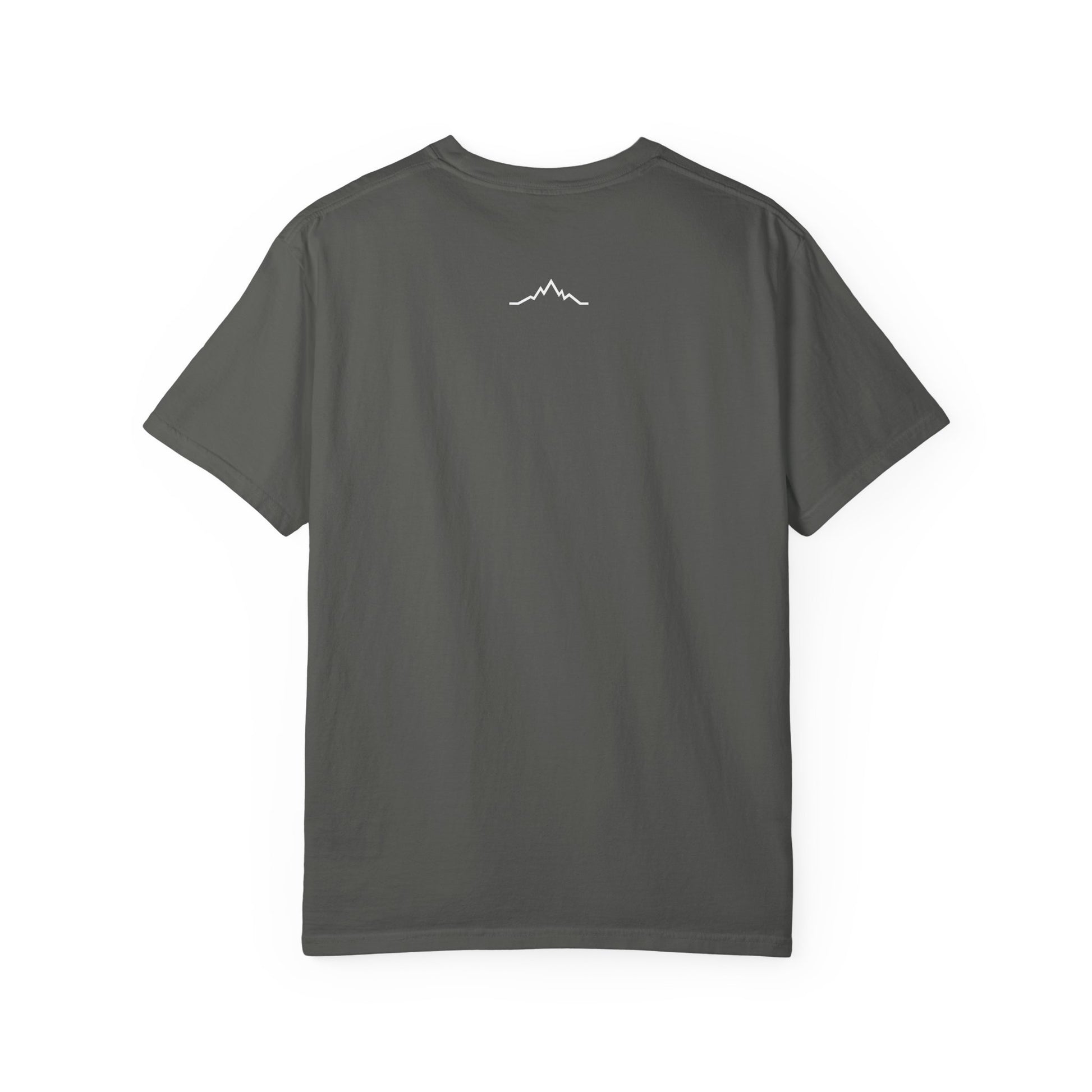Back of dark grey tee, with mountain lines logo centered under neck line