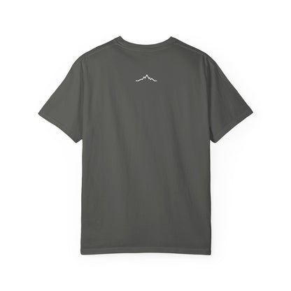 Back of dark grey tee, with mountain lines logo centered under neck line