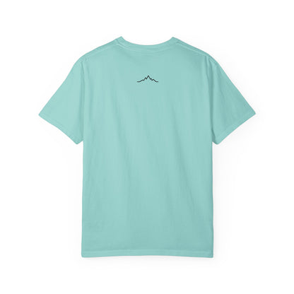Back of coral blue tee, with mountain lines logo centered under neck line