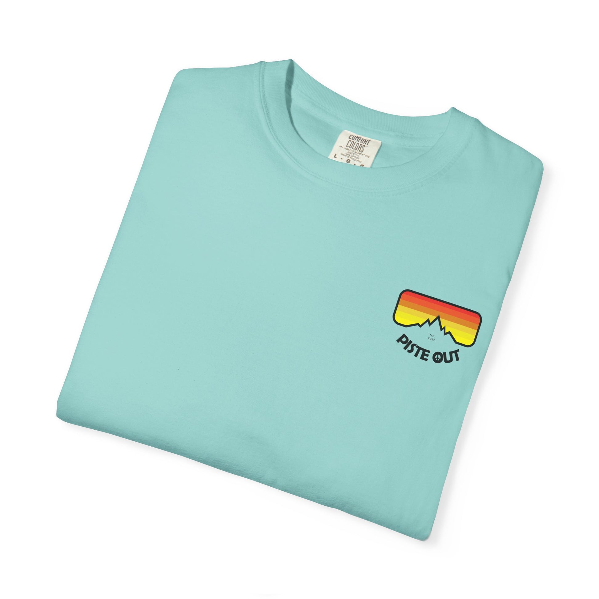 Coral blue tee folded, with retro goggle logo on front left chest