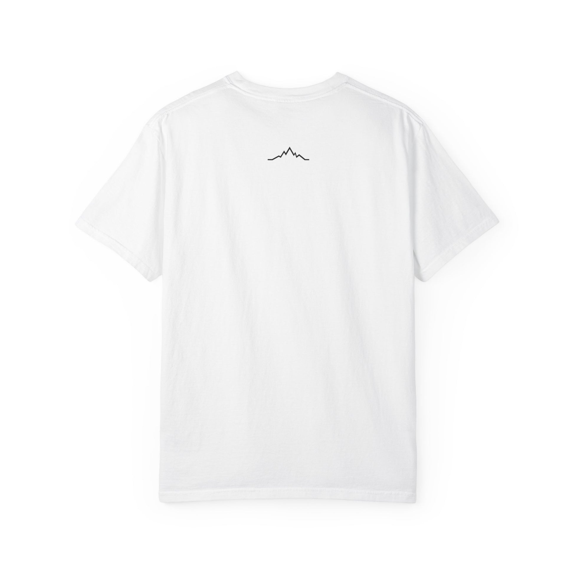 Back of white tee, with mountain lines logo centered under neck line