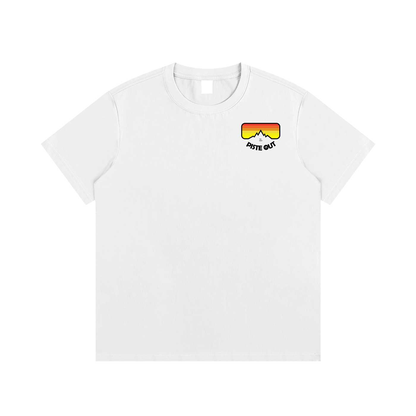 Front view of white Piste Out logo tee with small left-chest retro goggle logo in red, orange and yellow gradient.