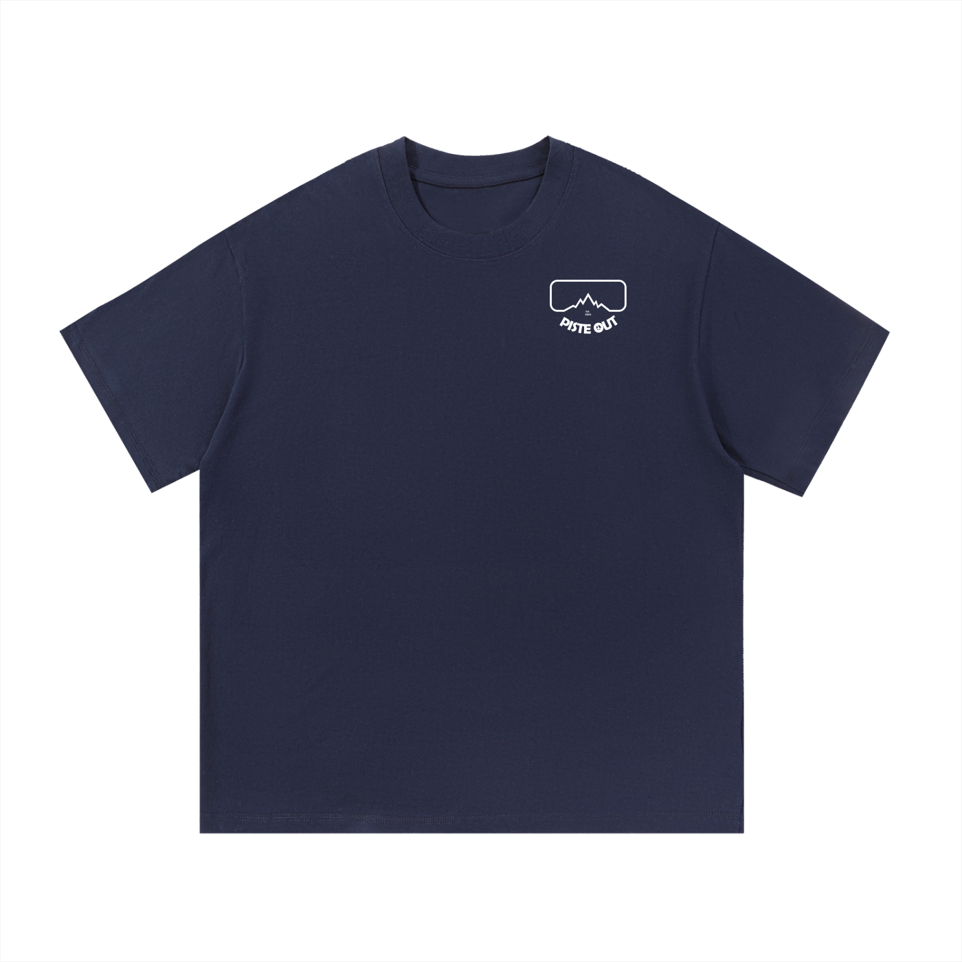 Front view of Blue Square Piste Out Outline Logo Tee with white outline goggle logo on the left chest.