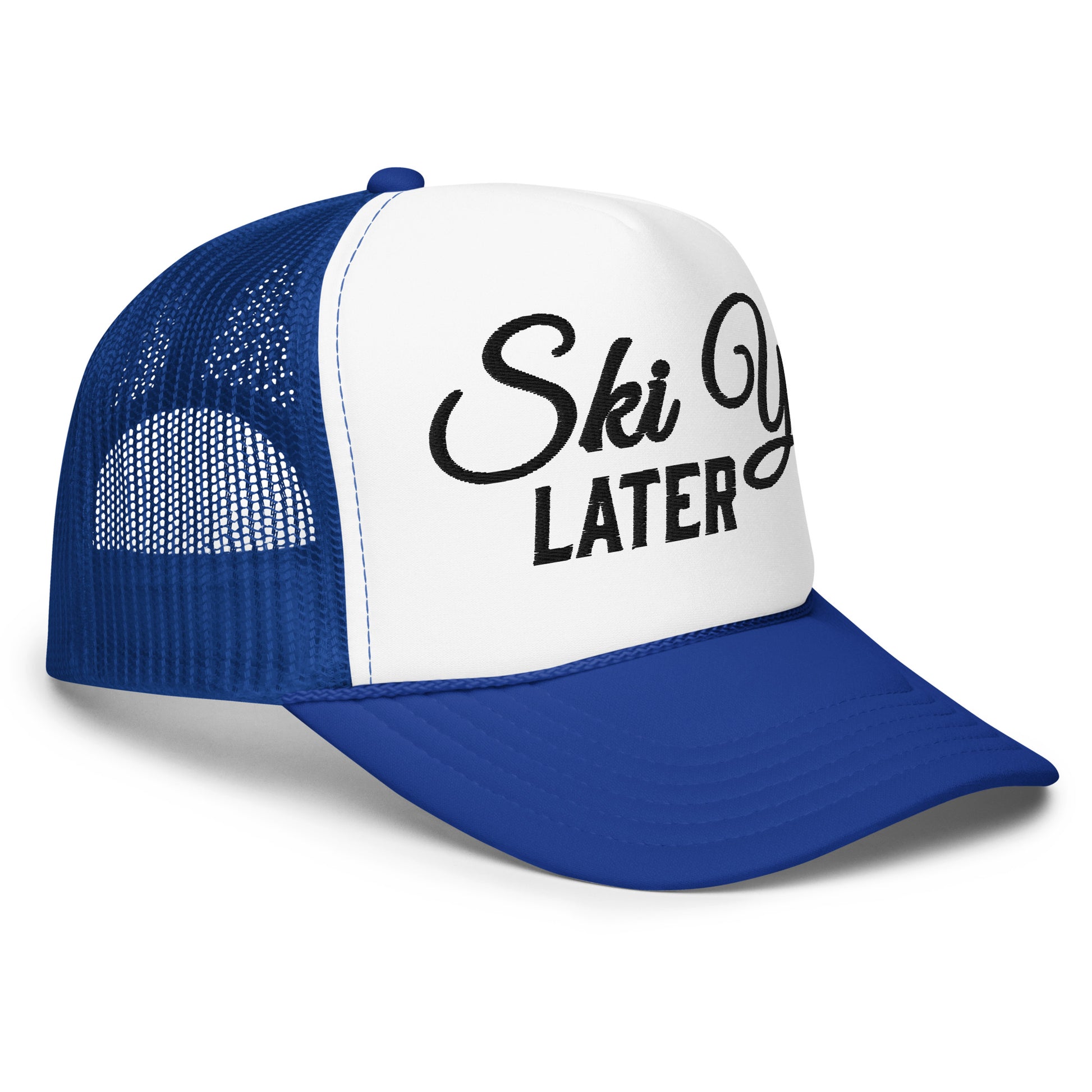 Blue Square Ski Ya Later trucker hat angled side view with black embroidered graphic, white foam front, blue mesh sides, and blue brim.