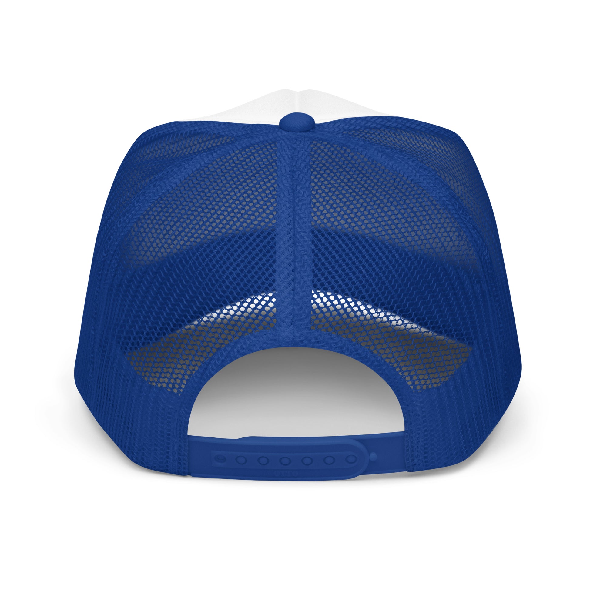 Blue Square Ski Ya Later trucker hat back view showing blue mesh panels and adjustable snapback closure.