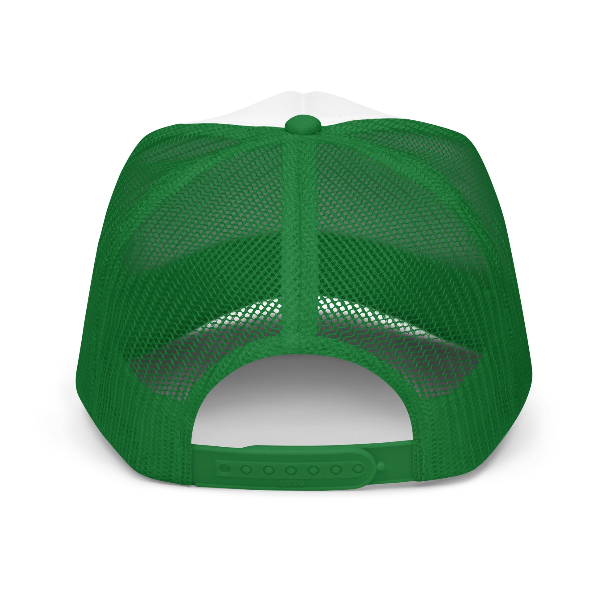 Green Circle Ski Ya Later trucker hat back view showing green mesh panels and adjustable snapback closure.