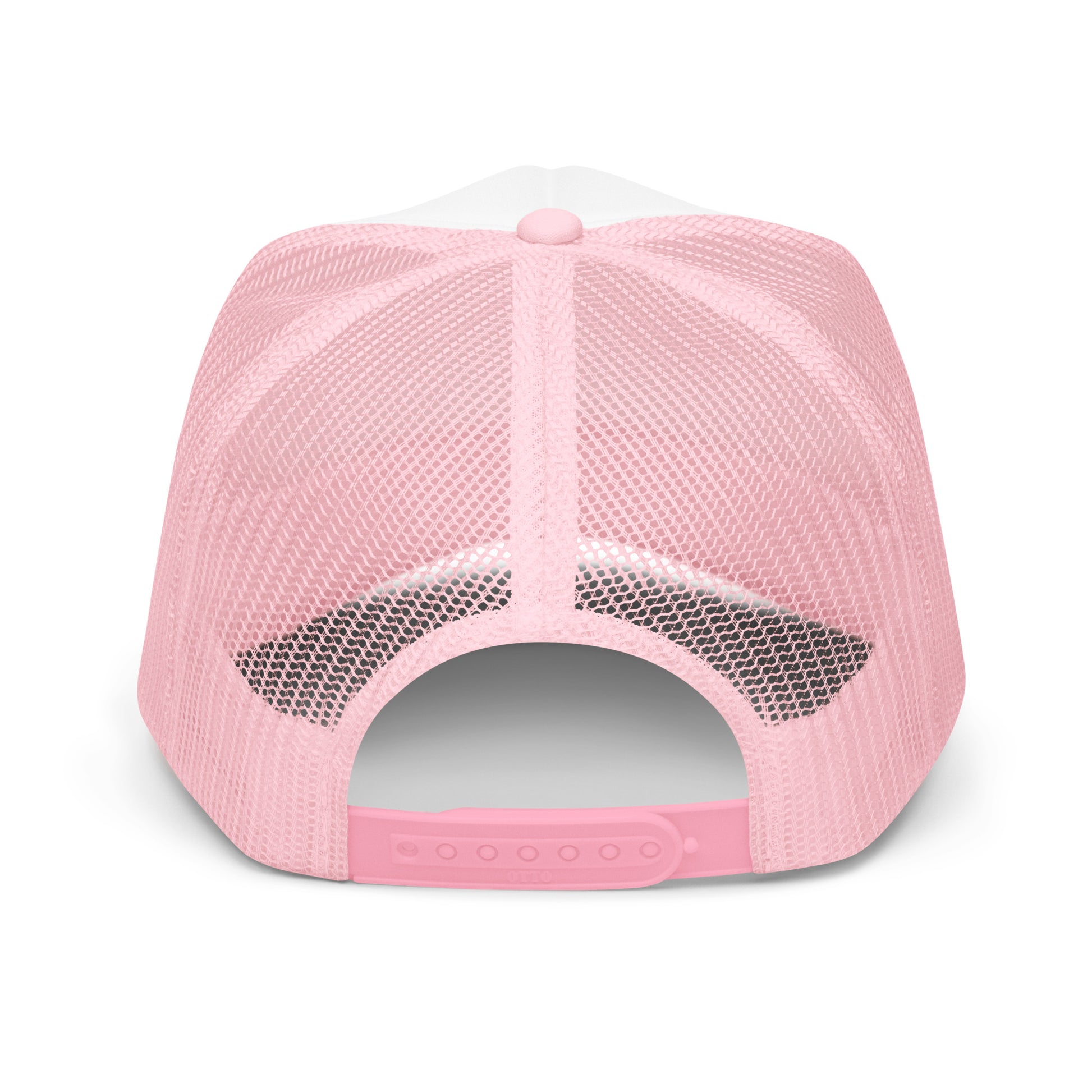 Pink Ski Ya Later trucker hat back view showing pink mesh panels and adjustable snapback closure.