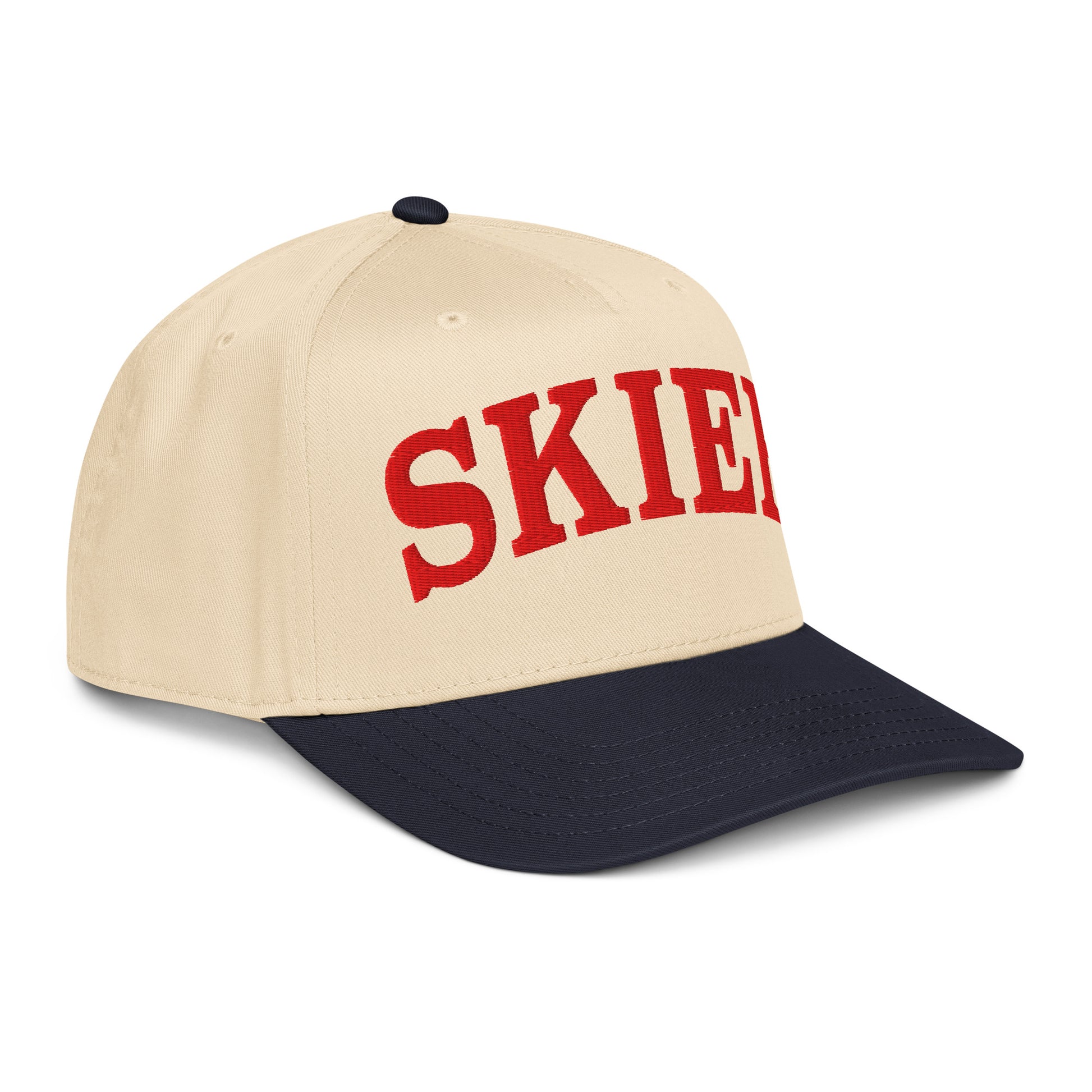 Skier Cap in Black Diamond with red arched SKIER embroidery, angled side view