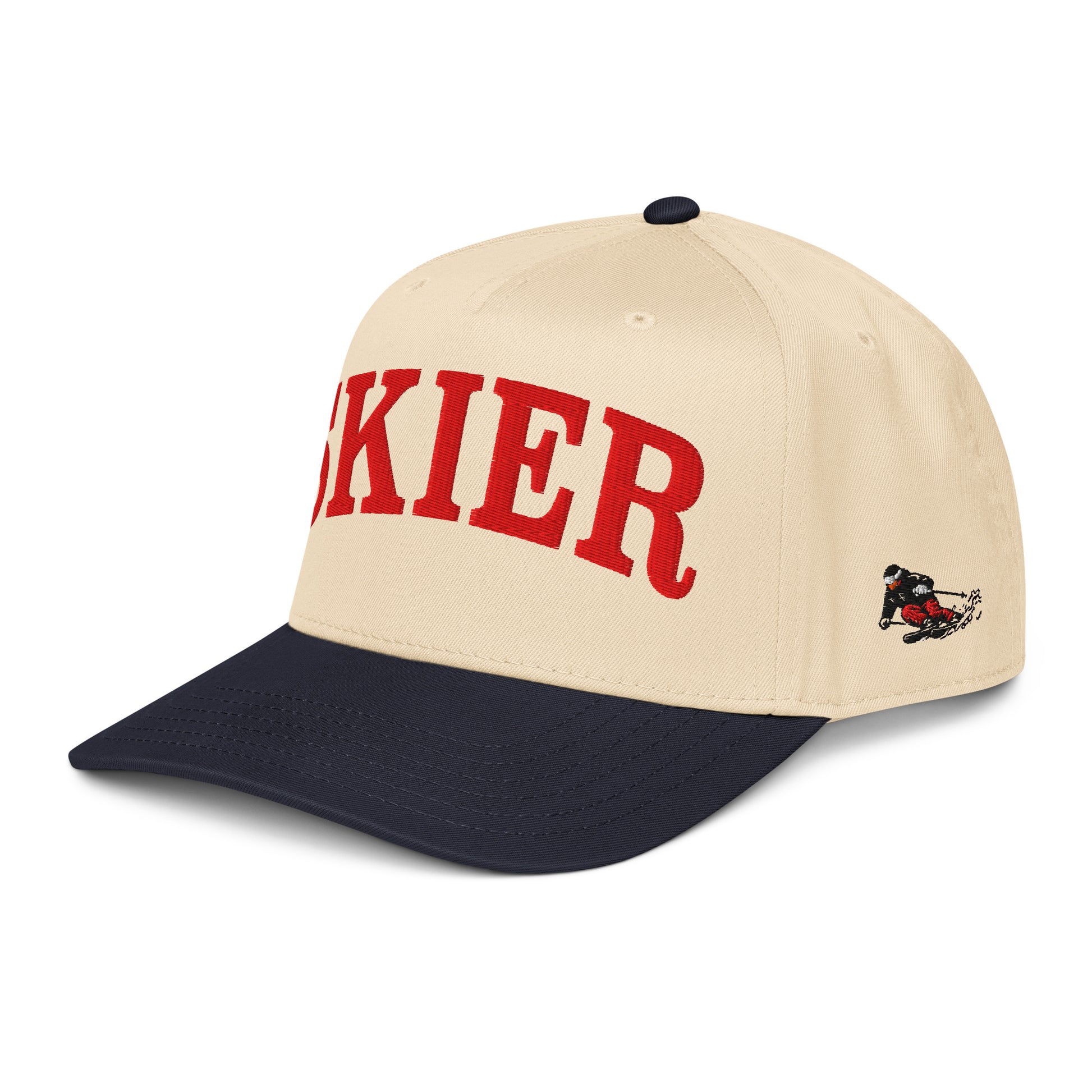 Skier Cap in Blue Square, angled front view showing vintage downhill skier side panel graphic