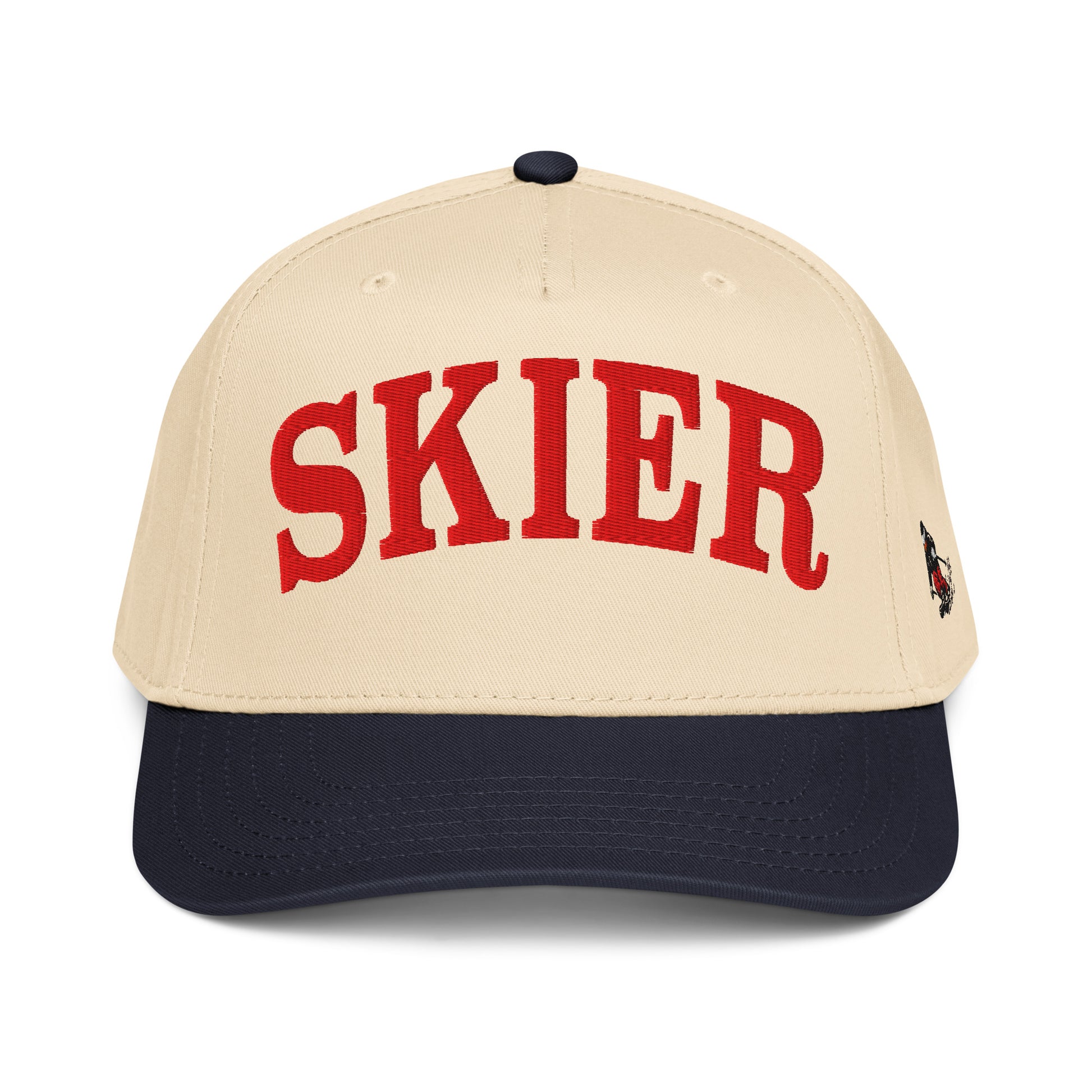 Skier Cap in Blue Square with red arched SKIER embroidery, front view