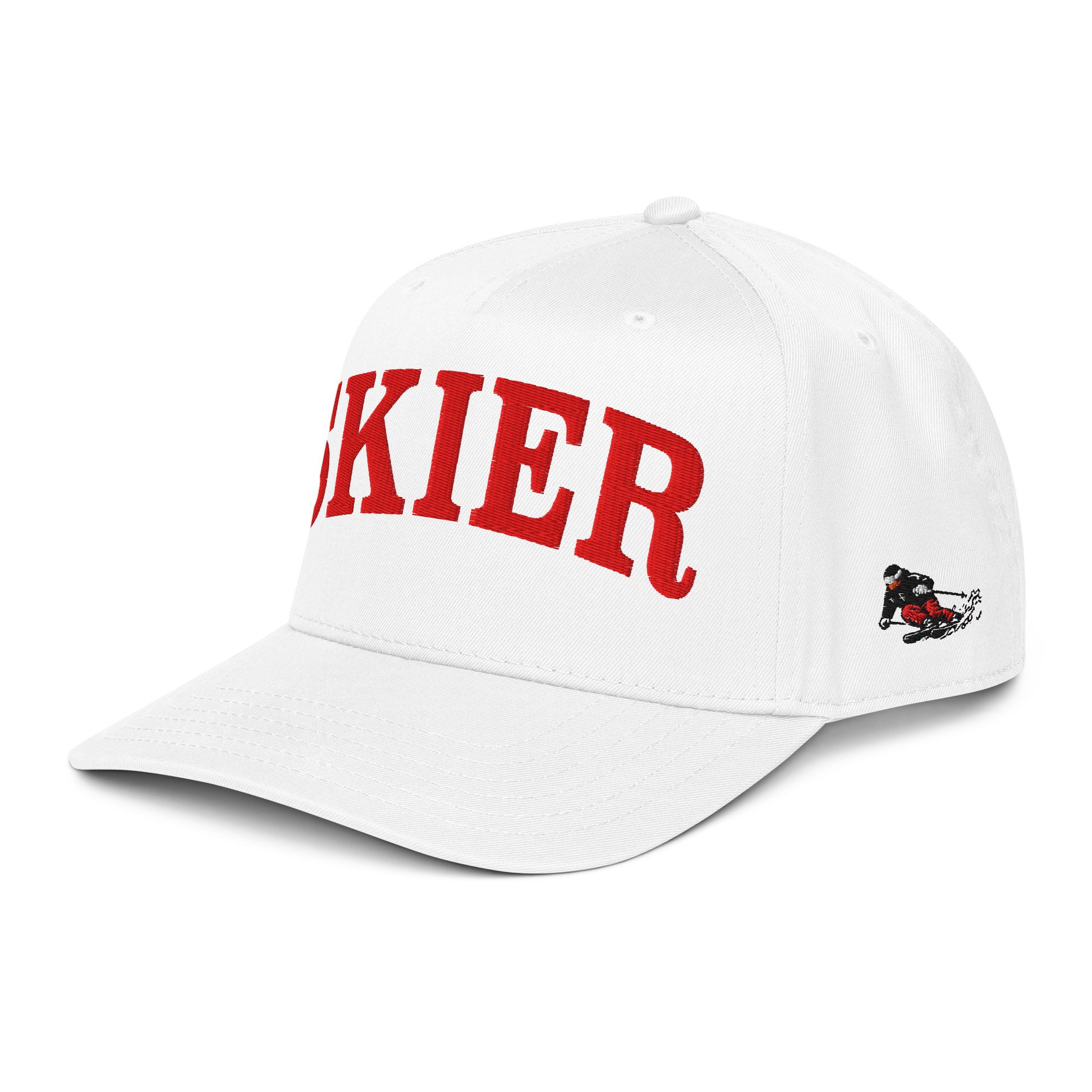 Skier Cap in Snow, angled front view showing vintage downhill skier side panel graphic