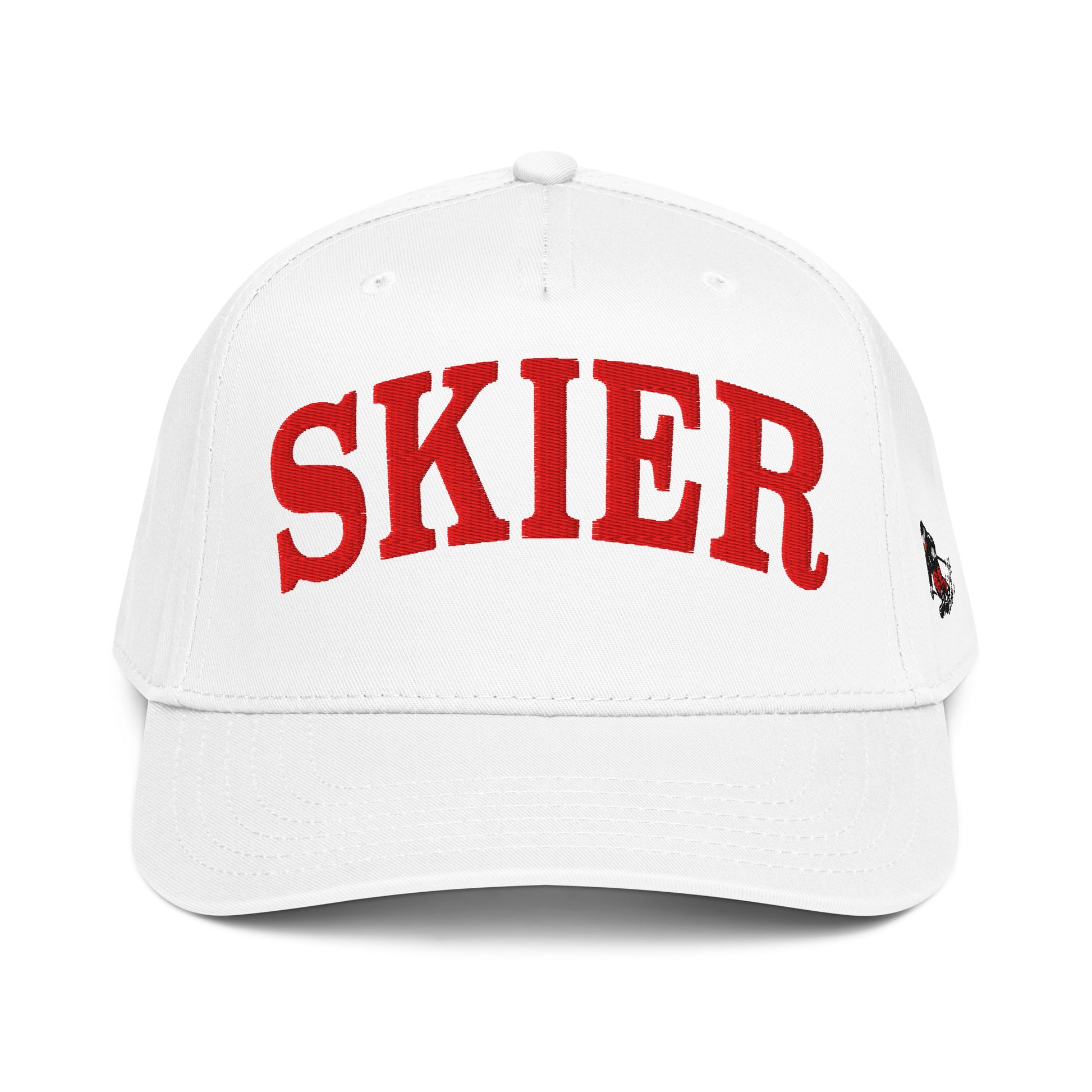 Skier Cap in Snow with red arched SKIER embroidery, front view
