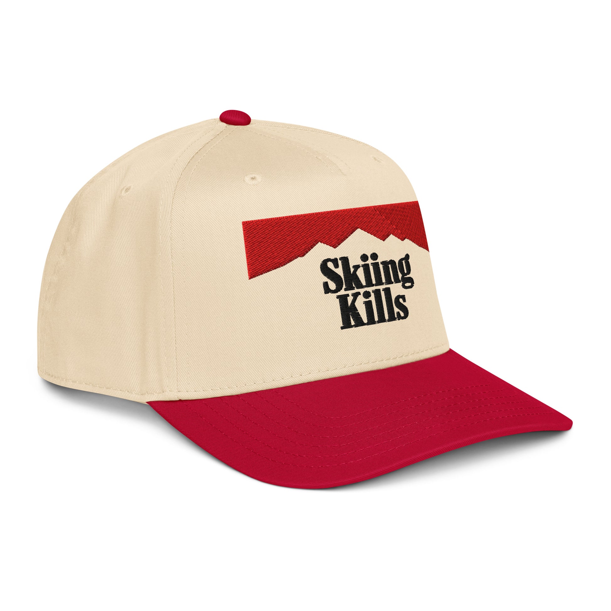 Skiing Kills Hat in Marlboro Red with 3D puff embroidery, angled front view.