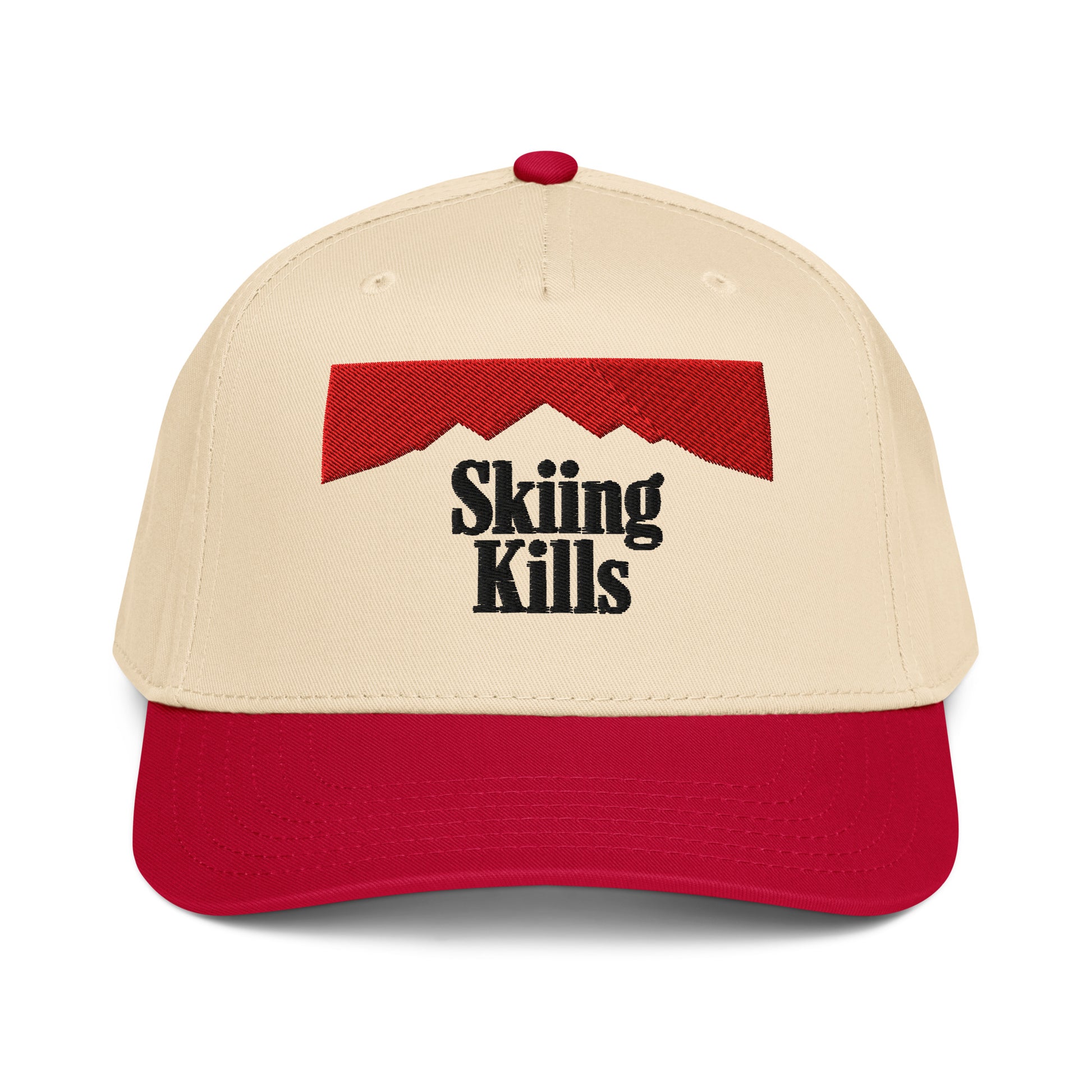 Skiing Kills Hat in Marlboro Red with 3D puff embroidery, front view.