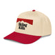 Skiing Kills Hat in Marlboro Red with 3D puff embroidery, side view.