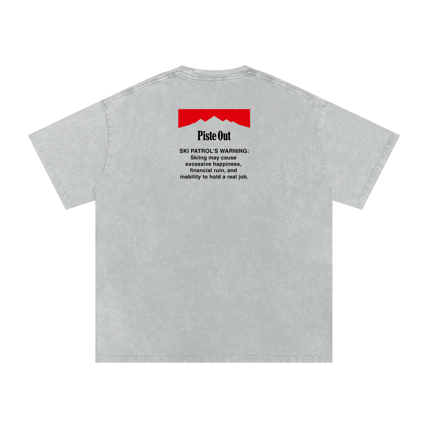 Skiing Kills Tee in Gray with Ski Patrol warning graphic on upper back, angled back view