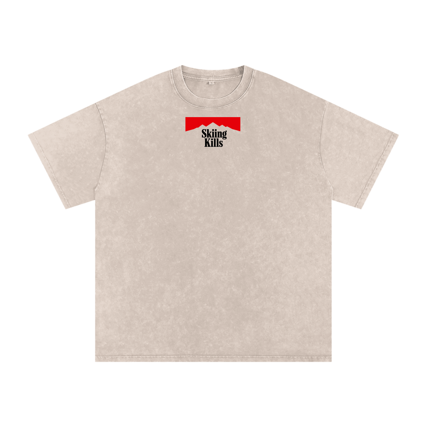 Skiing Kills Tee in Tan with Marlboro parody graphic on front chest, front view