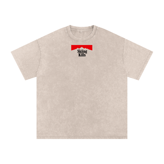 Skiing Kills Tee in Tan with Marlboro parody graphic on front chest, front view