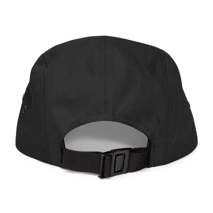 Back view of black Skip the Last 5-panel hat with adjustable black strap and clip closure.