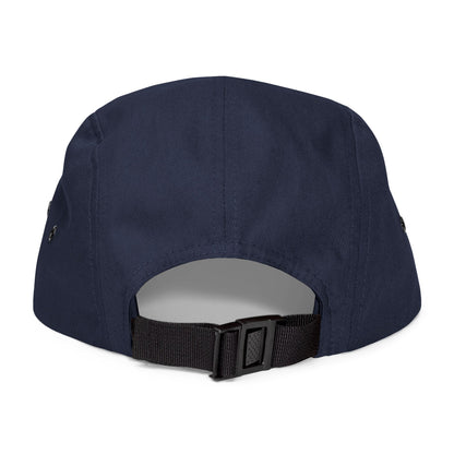 Back view of navy blue Skip the Last 5-panel hat with adjustable black strap and clip closure.