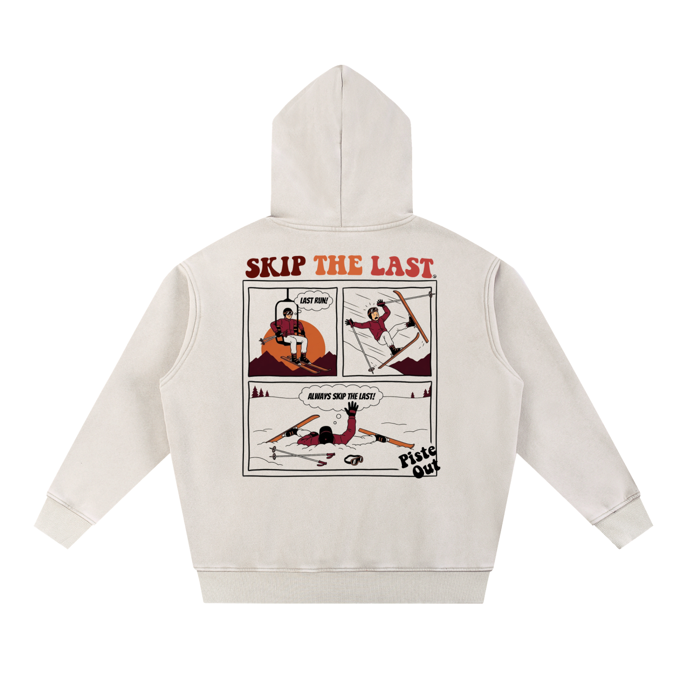 Piste Out Skip the Last Hoodie in Snow, back view with comic strip graphic