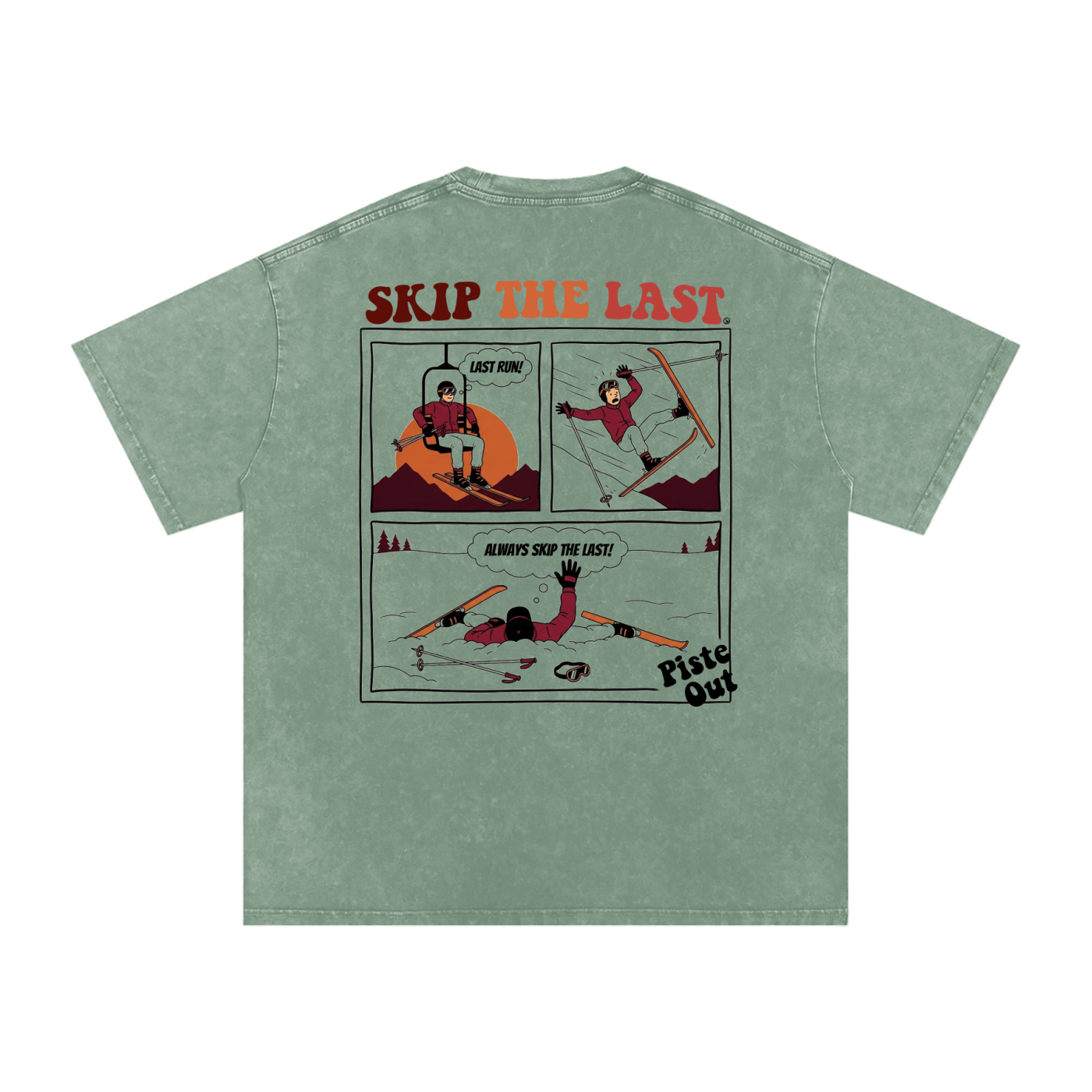 Skip the Last Oversized Boxy Tee in Green Circle with three-panel yardsale comic strip graphic, back view