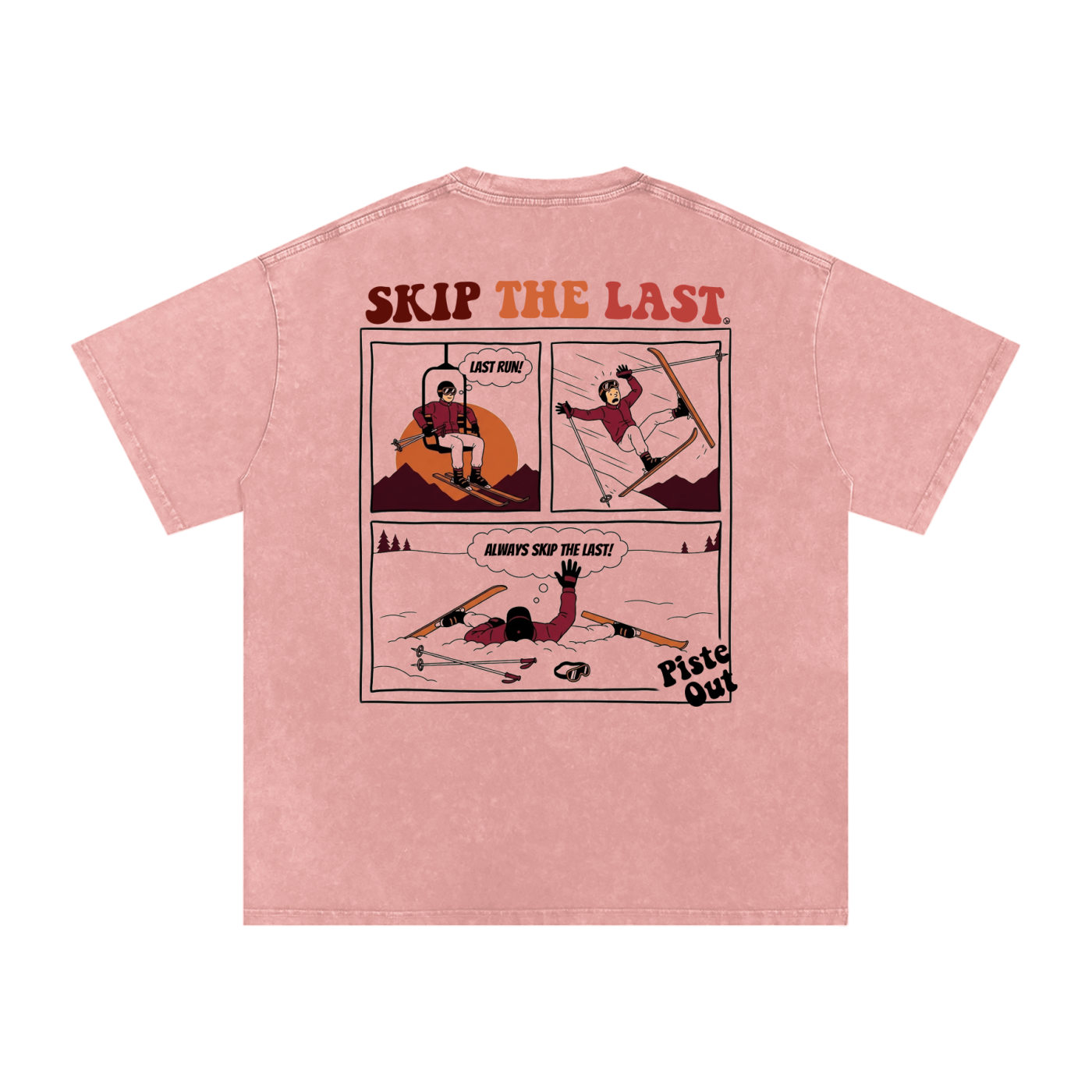 Skip the Last Oversized Boxy Tee in Light Pink with three-panel yardsale comic strip graphic, back view