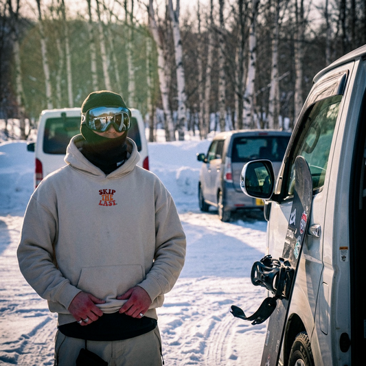 Ski in parking lot wear Piste Out Skip the Last Hoodie in Snow, front view with chest logo