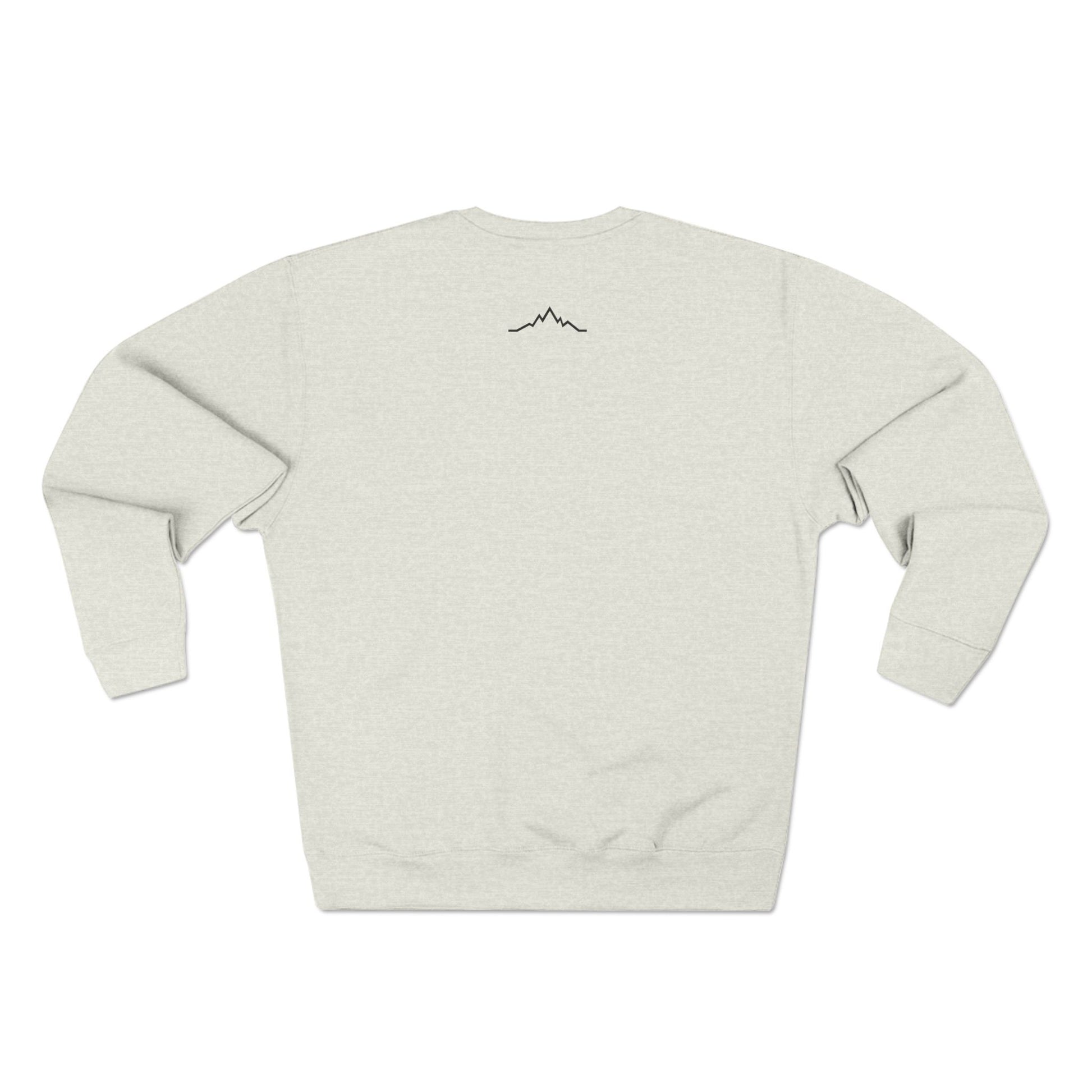 Back view of oatmeal Snow Kisses crewneck sweatshirt with minimalist mountain line logo at neckline.