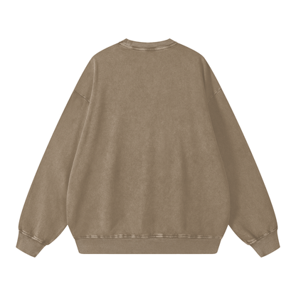 Back view of stone gray Snow Kisses heavyweight crewneck sweatshirt with washed texture and ribbed cuffs.