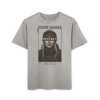 Front view of Asphalt Snow Kisses Piste Out graphic ski t-shirt.