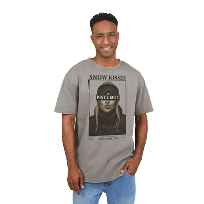 Model wearing Asphalt Snow Kisses Piste Out graphic ski t-shirt, front view.