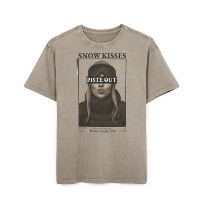 Front view of Dark Khaki Snow Kisses Piste Out graphic ski t-shirt.