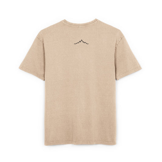 Back view of Union Beige Snow Kisses Piste Out ski t-shirt with small black mountain logo at neck.