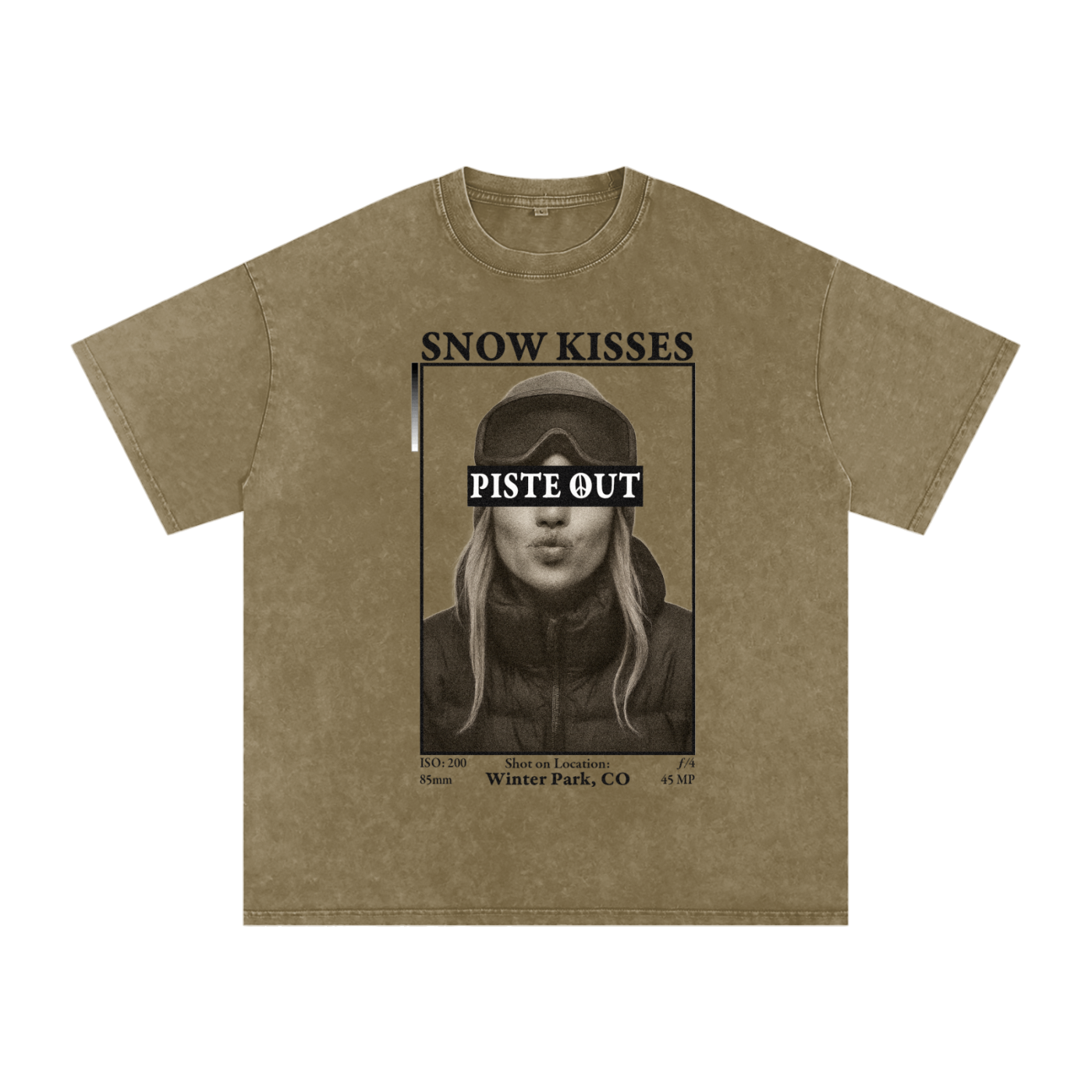 Front view of Army Green Snow Kisses tee with ski town crush print and Piste Out logo across goggles.