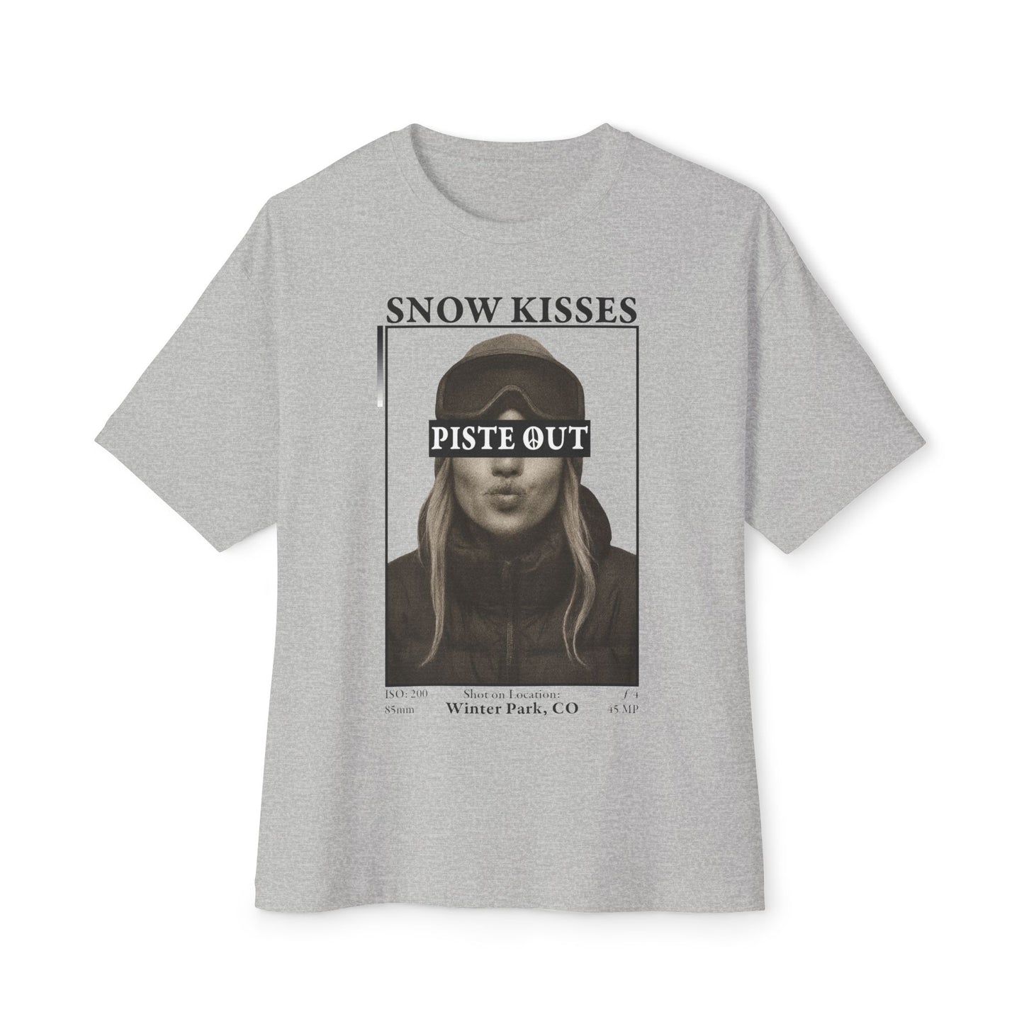 Snow Kisses graphic t-shirt in gray featuring black and white ski portrait with Piste Out text.