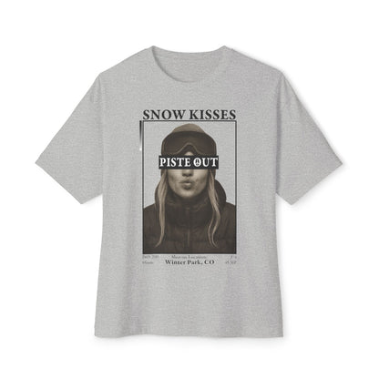 Snow Kisses graphic t-shirt in gray featuring black and white ski portrait with Piste Out text.