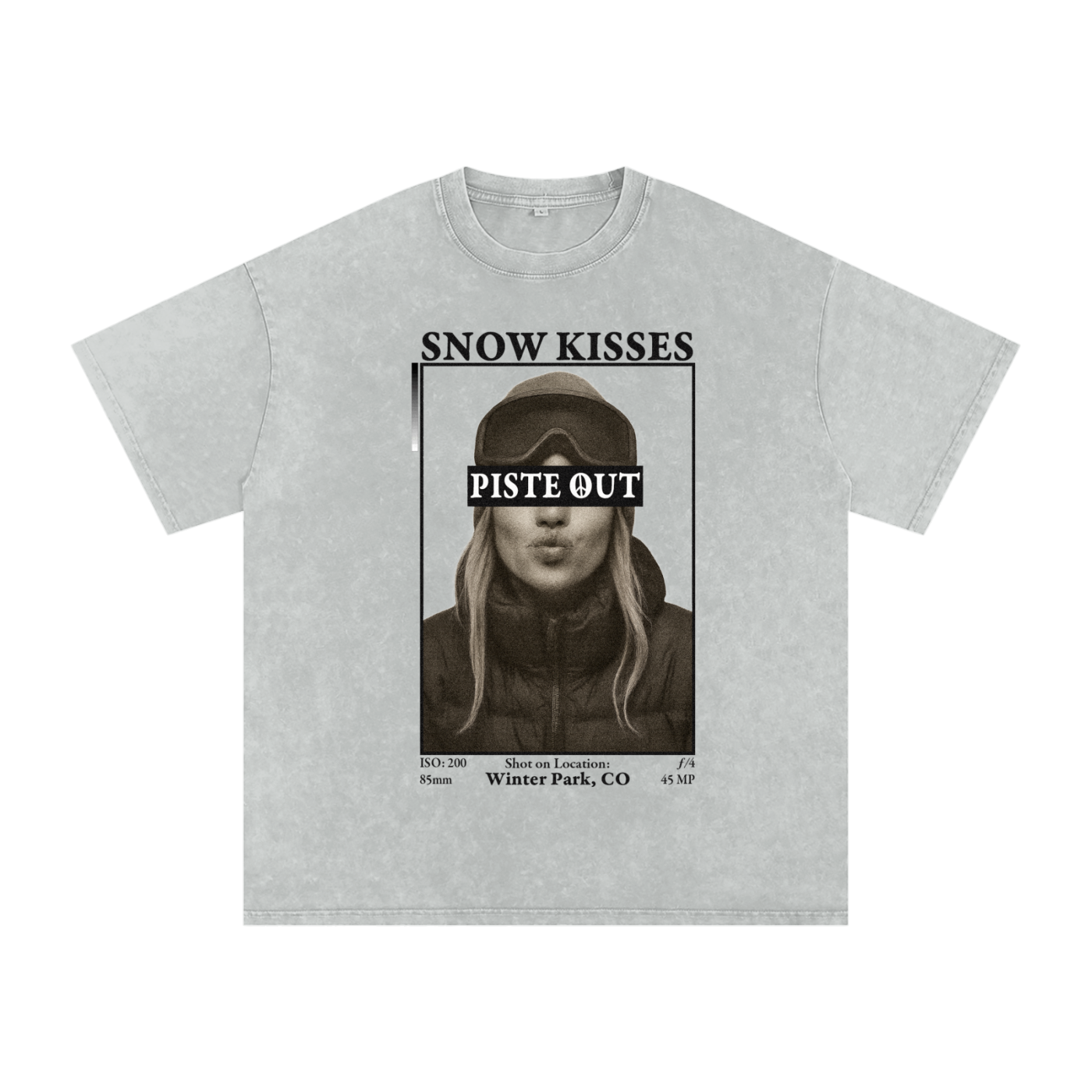 Front view of Light Gray Snow Kisses tee with vintage ski town crush graphic and bold Piste Out branding.