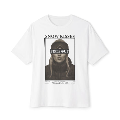 Snow Kisses white graphic t-shirt with retro ski portrait and Piste Out ski brand design.