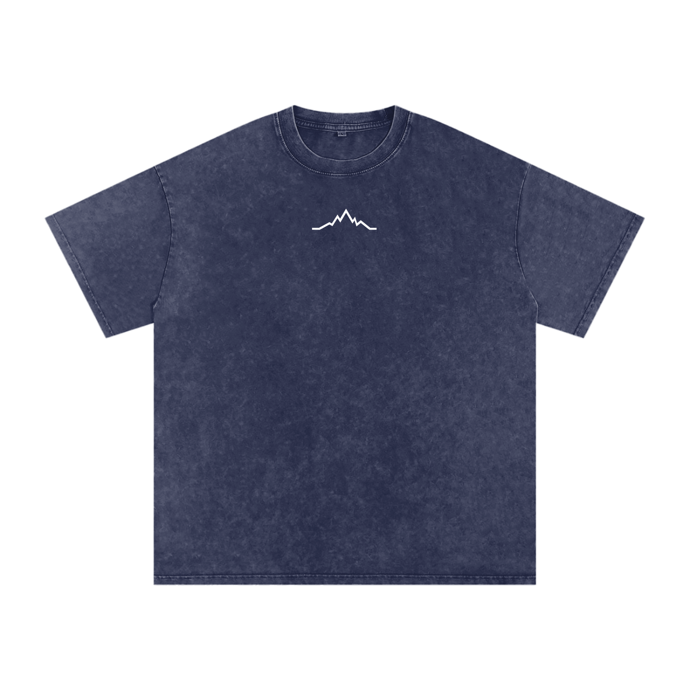 Front view of blue square acid-washed Strip Down, Drop In tee with small white mountain logo on chest.