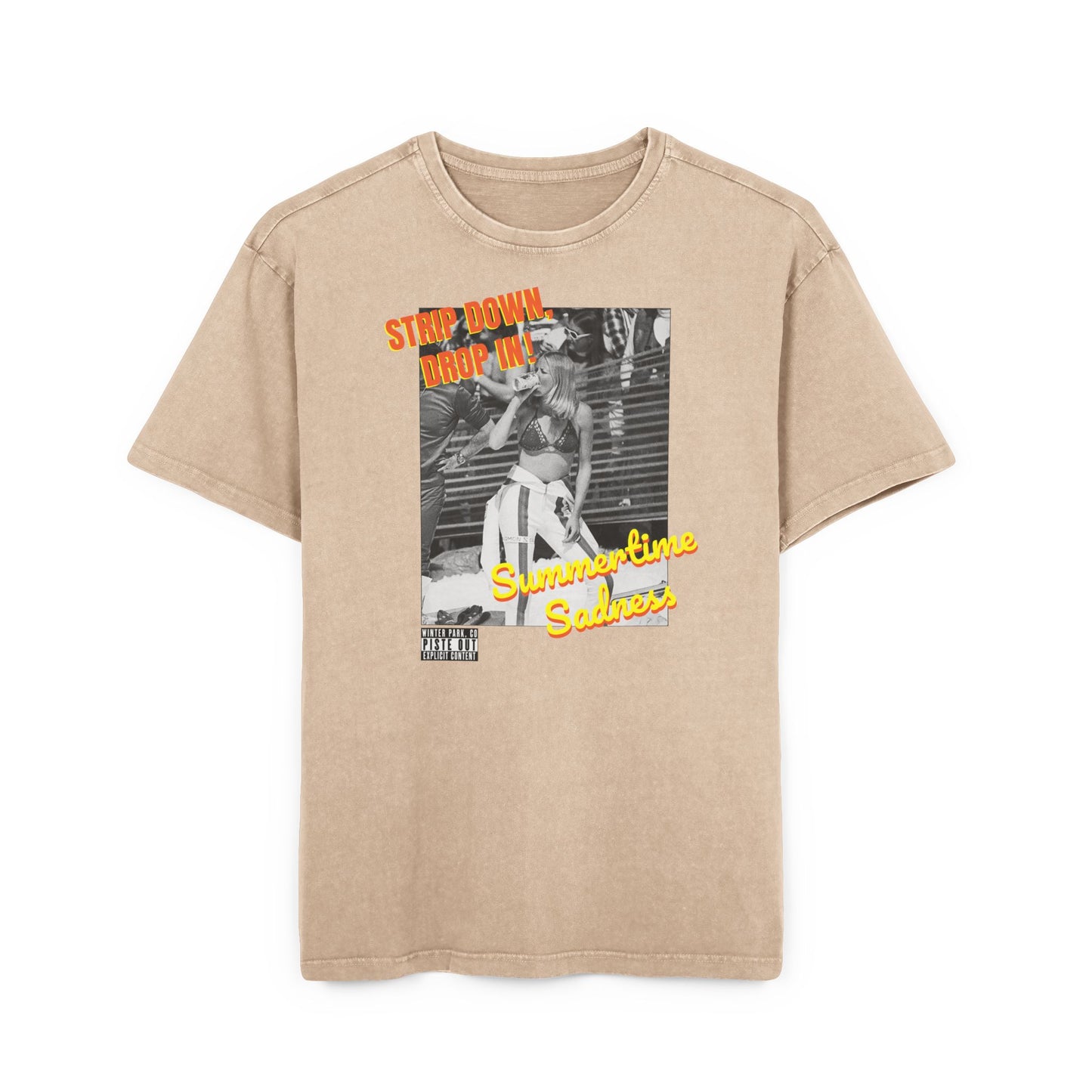 Front of beige tee featuring vintage bikini skier, drinking a beer with orange “Strip Down, Drop In” text and yellow “Summertime Sadness” text