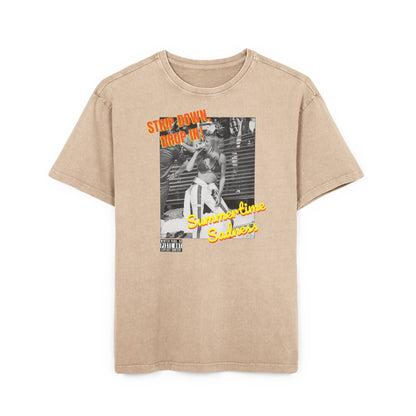 Front of beige tee featuring vintage bikini skier, drinking a beer with orange “Strip Down, Drop In” text and yellow “Summertime Sadness” text