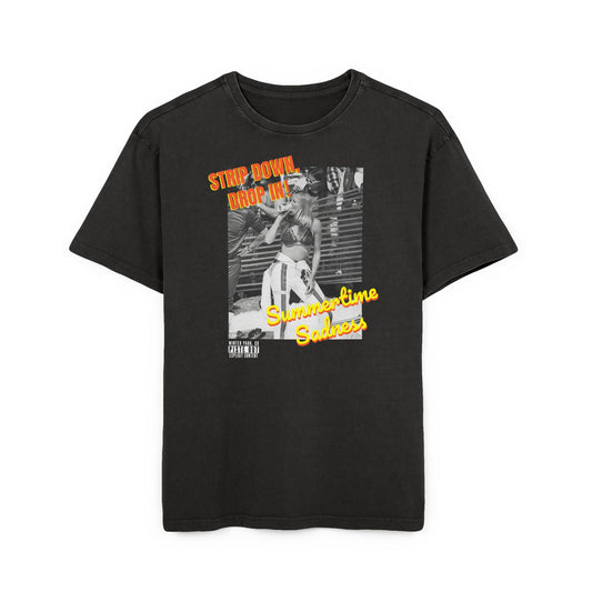 Front of black tee featuring vintage bikini skier, drinking a beer with orange “Strip Down, Drop In” text and yellow “Summertime Sadness” text