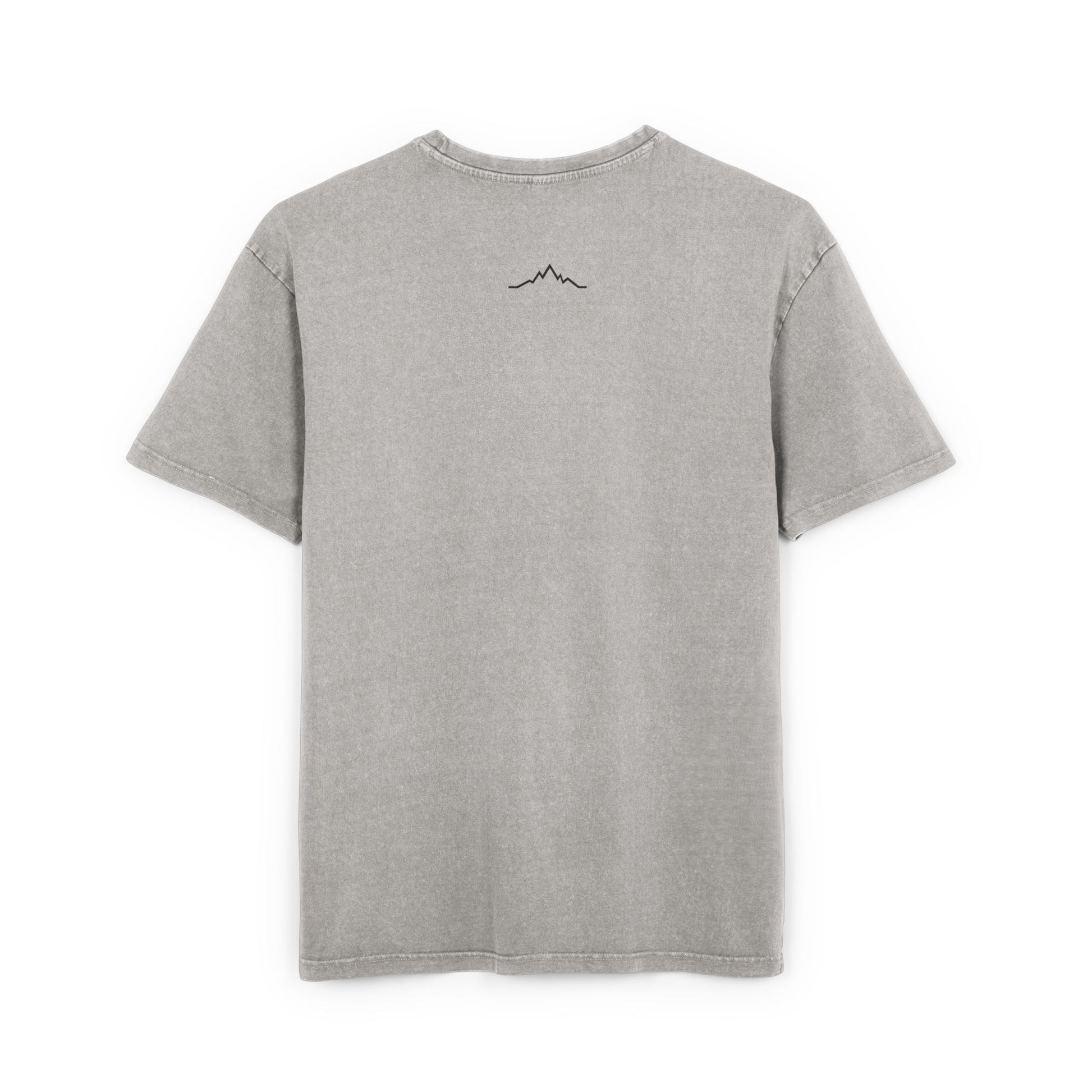 Back of grey tee showing minimalist mountain line logo under collar
