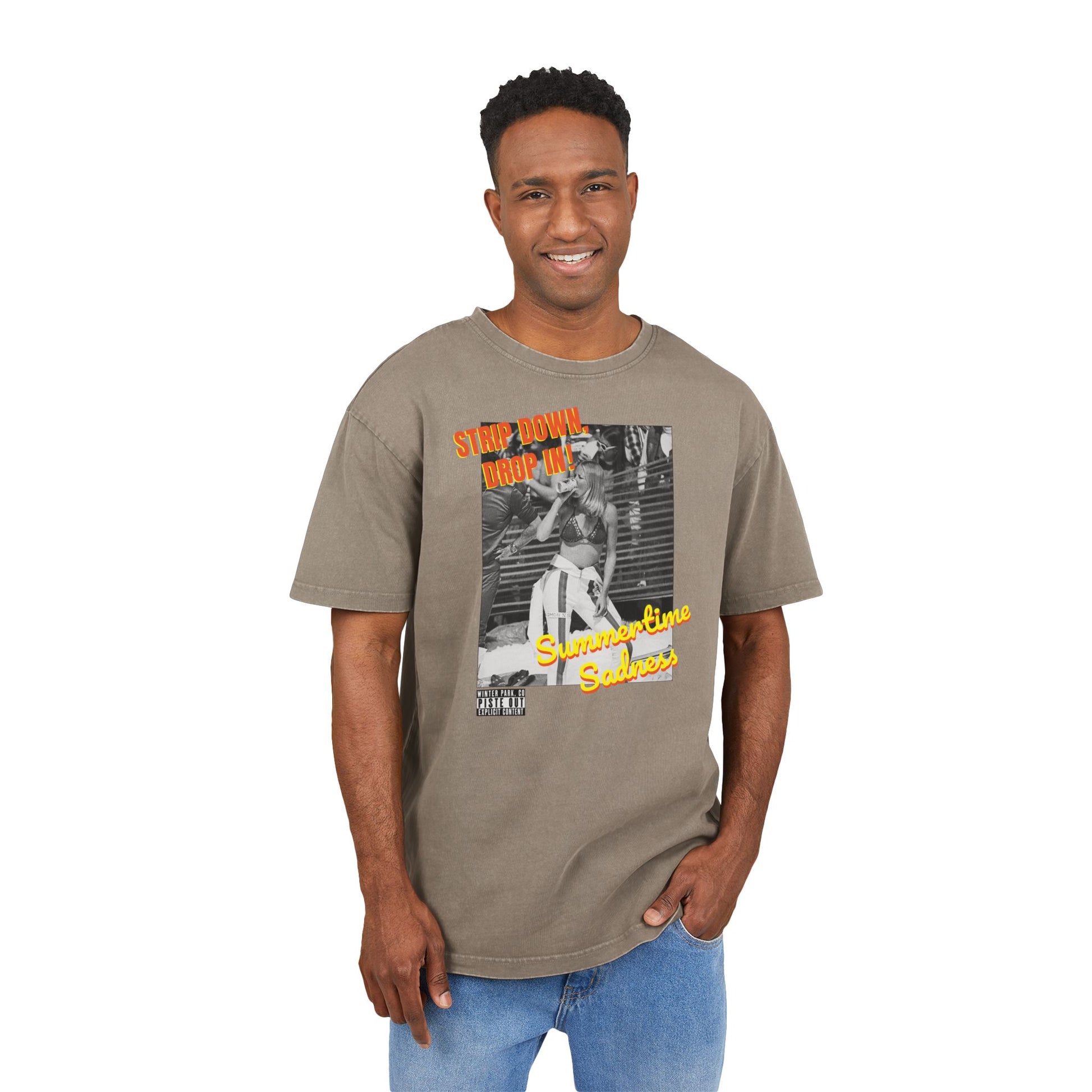 Model wearing faded taupe tee, front view showing full retro bikini skier graphic