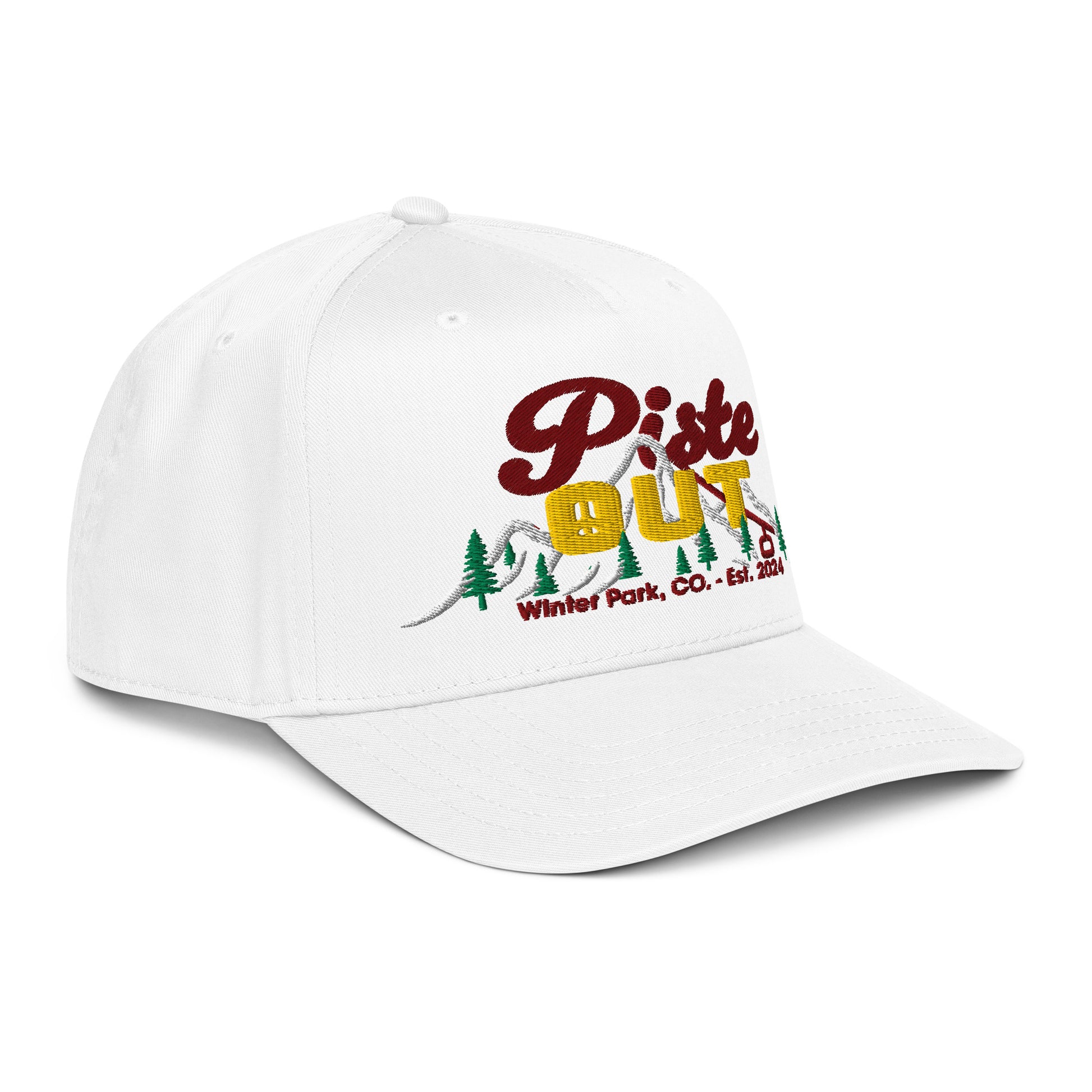 Snow Sunset Peaks snapback cap in white shown in angled front view with colorful embroidered mountain logo and curved brim.