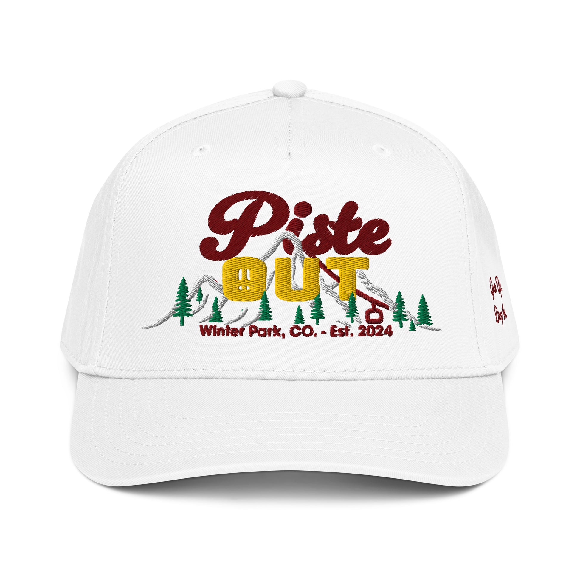 Front view of Snow Sunset Peaks snapback cap in white featuring a colorful embroidered mountain logo.