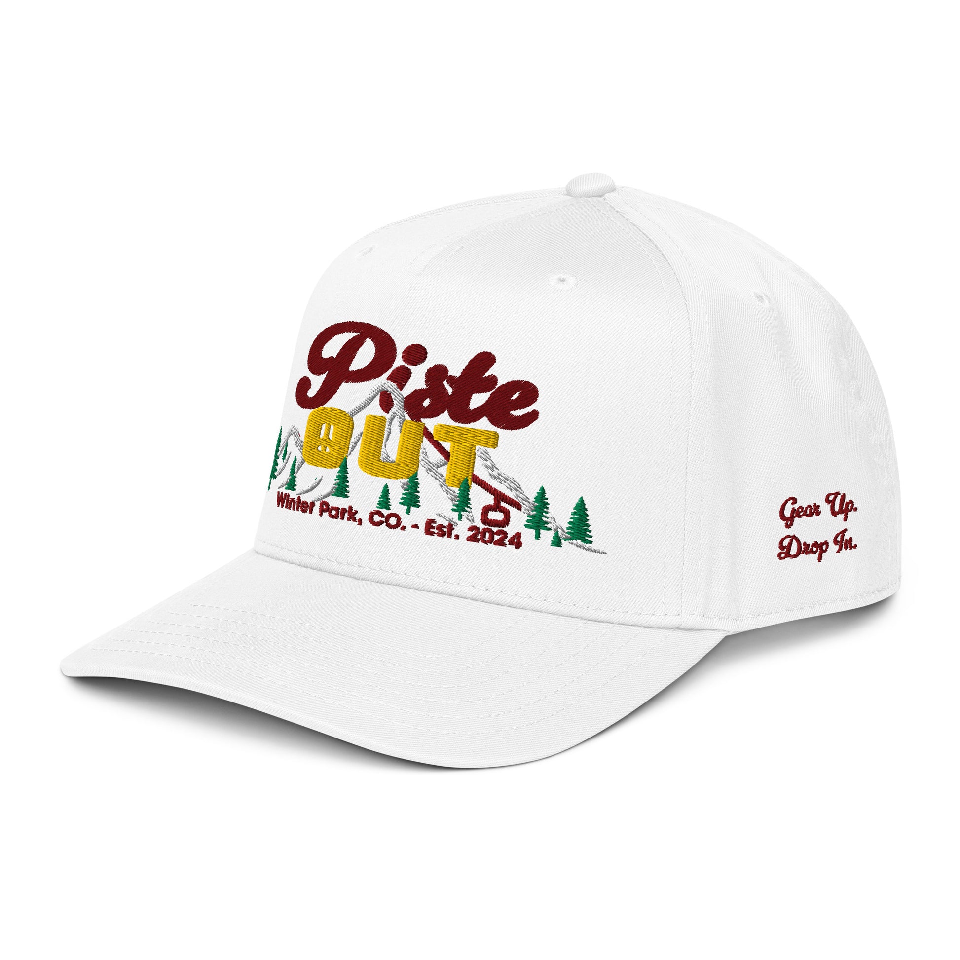 Side angled view of Snow Sunset Peaks snapback cap in white with colorful embroidered mountain logo on the front.